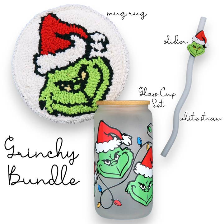 Sip-Sip Hooray! - Wholesale Drinking Glass/Cup - Grinch Inspired Christmas Lights 16oz Glass Can Cup with Lid and Straw