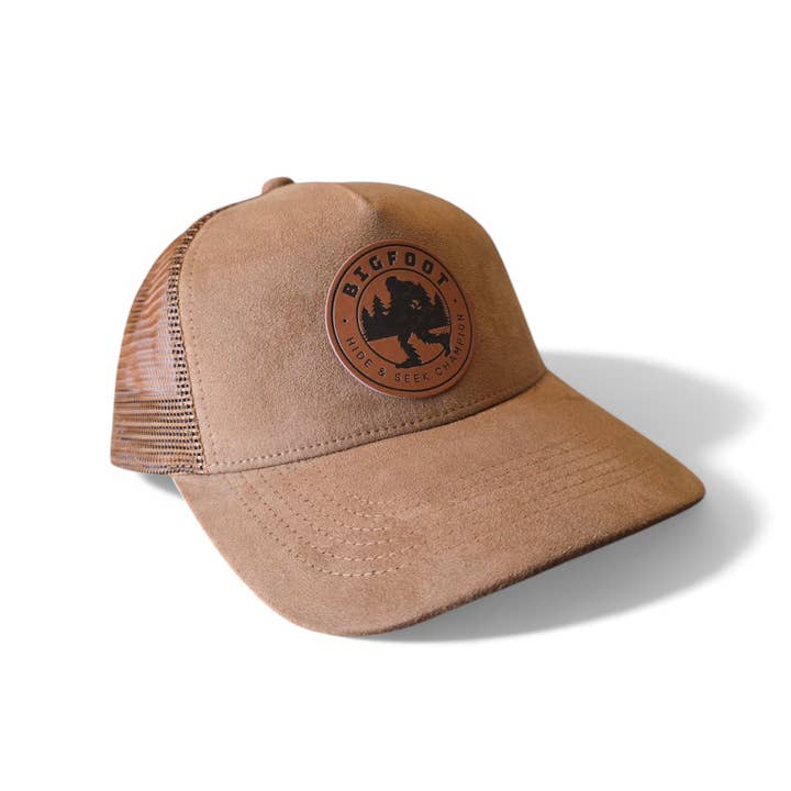 PNW Apparel – wholesale Trucker hat – Unisex – Sasquatch Leather Patch 5-Panel Trucker Hat – Unique Cap1
