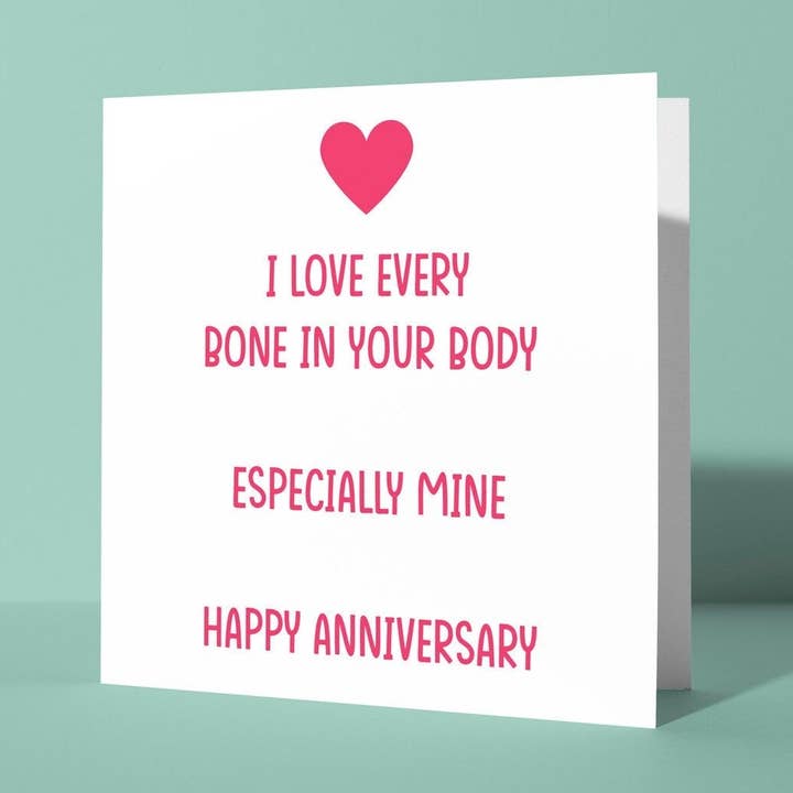 Jeg elsker hver knogle i din krop - Jubilæums- & Valentinsdagskort for engroshandel hos Peacock Printing