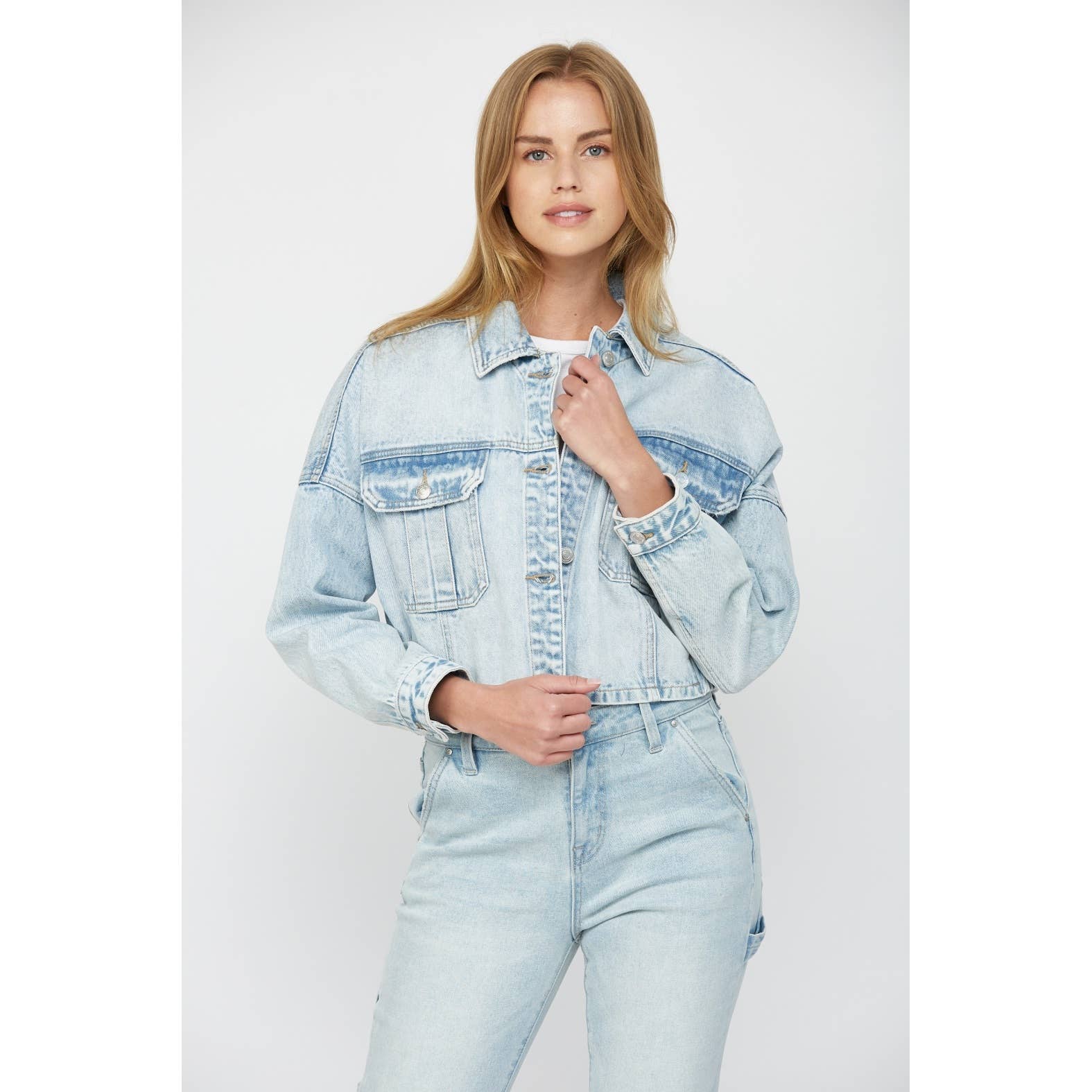 PREHNITE CROPPED DENIM JACKET W ELASTIC BAND for wholesale on Faire1