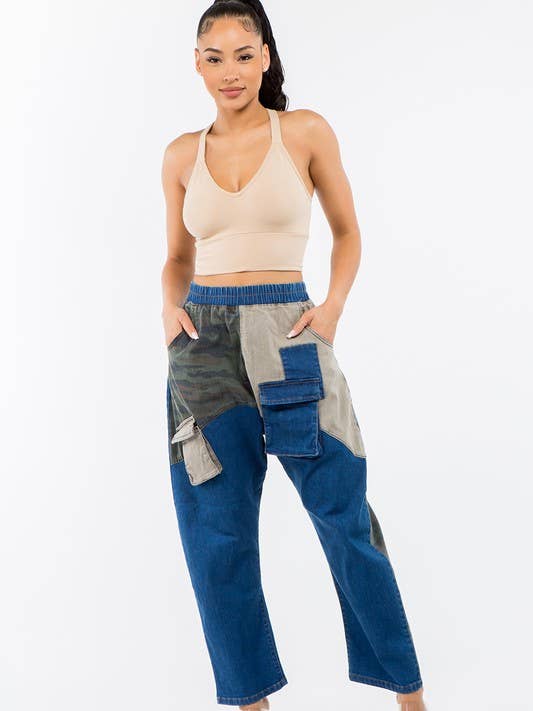LABIJOU - Wholesale Broek - Dames - PD509 Broek - patchwork denim met geruite plaid en camo0