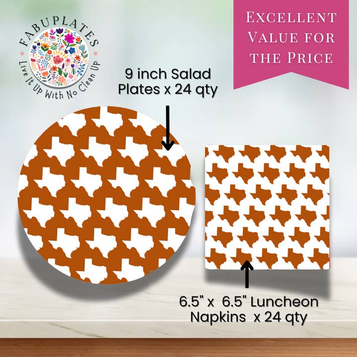 Fabuplates - Wholesale Disposable Plate - Burnt Orange TX 48ct Set – Salad Plates, Luncheon Napkins