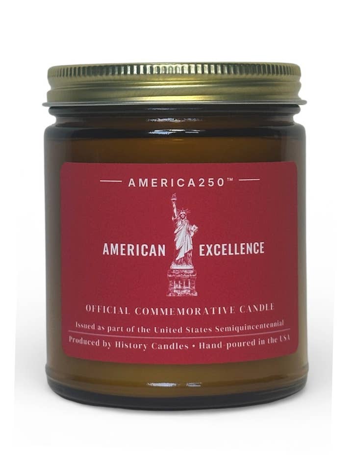 America250™ Candle – American Excellence Officially Licensed for wholesale by History Candles