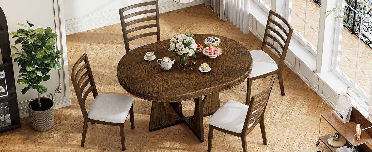 39F Inc. - Vente Salon de terrasse - Ensemble de salle à manger extensible rond en noyer de 5 pièces pour 4 personnes28