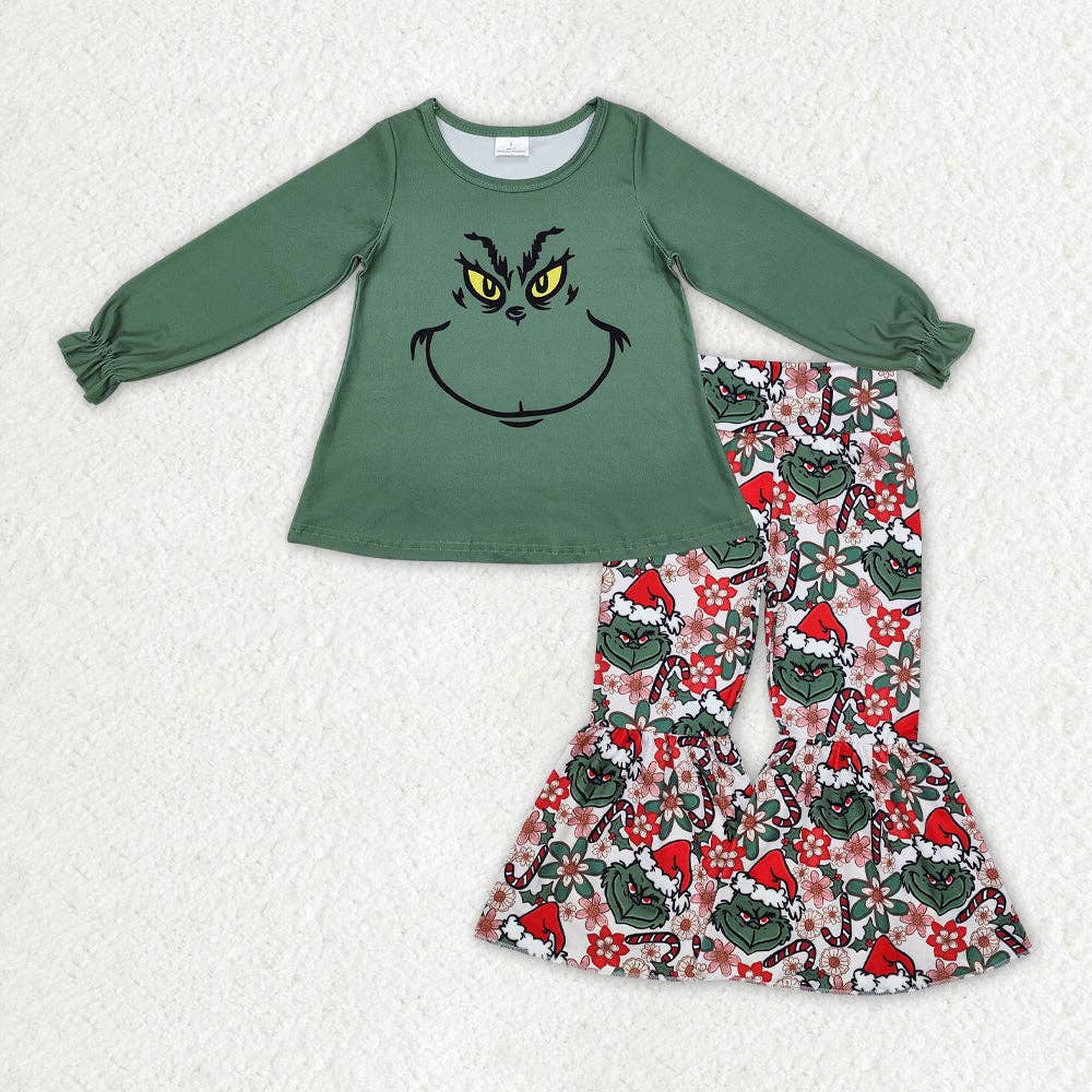 Aier Wholesale - Wholesale Top & Pant Set - Kids - Sibling Baby Girls Santa Snowman Green Face Tunic Pants Christmas Clothes Sets0