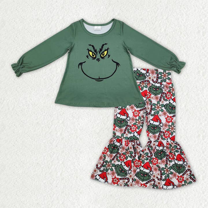 Aier Wholesale - Wholesale Top & Pant Set - Kids - Sibling Baby Girls Santa Snowman Green Face Tunic Pants Christmas Clothes Sets