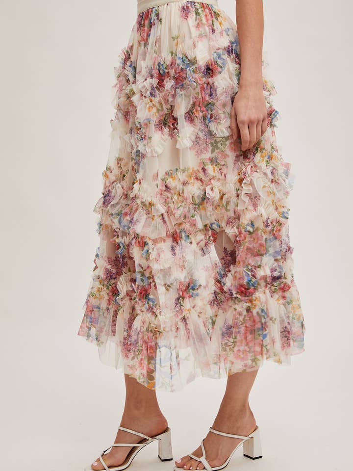 Bluivy - Wholesale Skirt - Women's - FLORAL RUFFLED MESH MIDI SKIRT