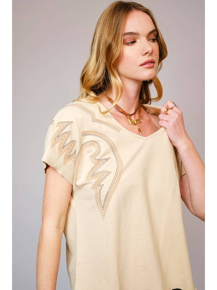 WASHED TAUPE 23539T - Dolmen Boots Stitch V Neck French Terry T Shirt for wholesale on Faire