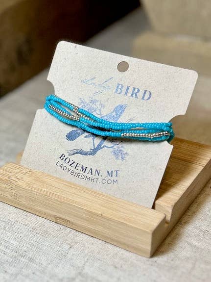 Sky Blue Silver or Gold Striped Beaded 5-Wrap Boho Stacked Bracelet for wholesale by Lady Bird Market