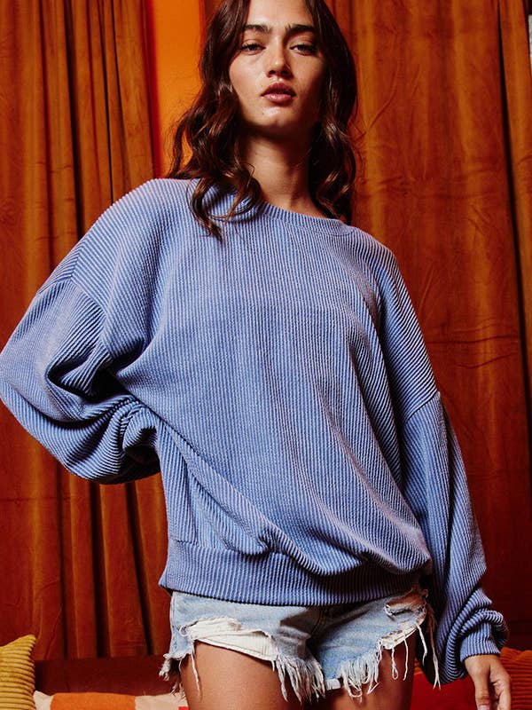 BUCKETLIST INC - Wholesale Sweatshirt - Women's - T1951 Stripe Textured Knit Comfy Sweatshirt7