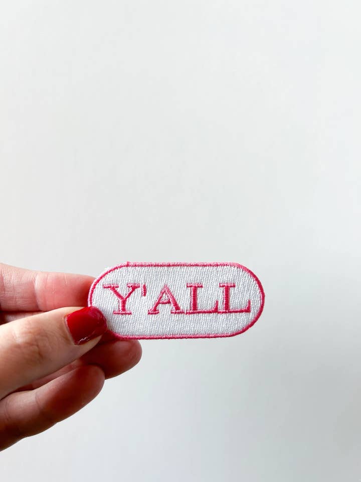 Y'all Embroidered Iron-on Patch Pink and White for wholesale by Field Trip Threads