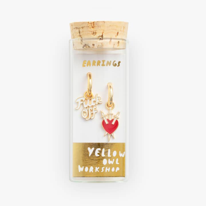 Yellow Owl Workshop - Wholesale Huggie Earrings - F*ck Off & Heart/Daggers Hoop Earrings - Gold Statement