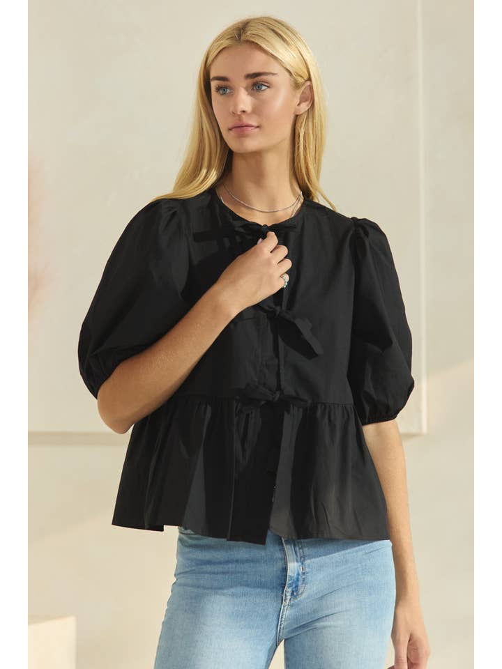 Oddi - Wholesale Blouse - Women's - Solid Cotton Poplin Front Tie Ribbon Blouse