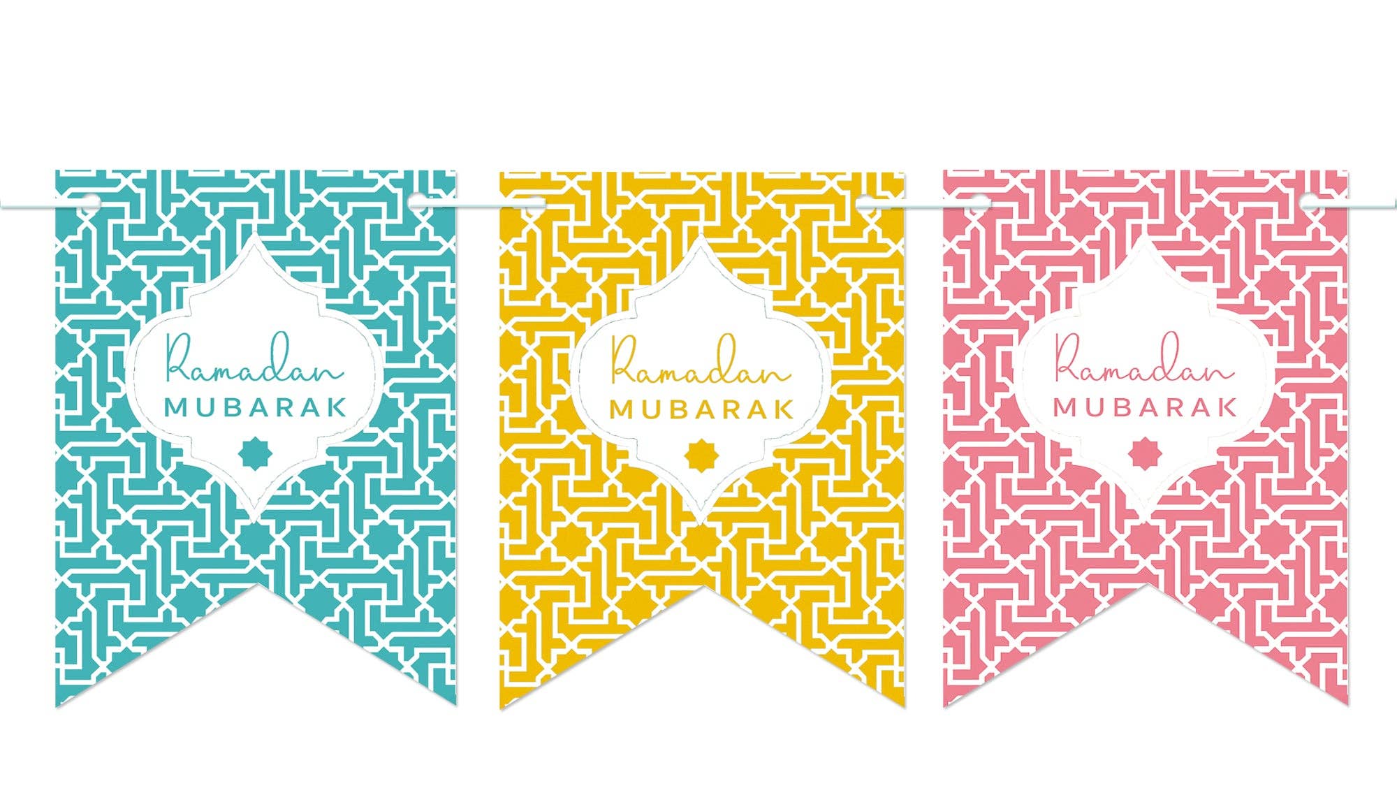 Islamic Moments – wholesale Bunting/garland – Ramadan Mubarak Bunting - 10 Double Sided Flags - Geometric Pattern in Pastel Colours - PEN 110