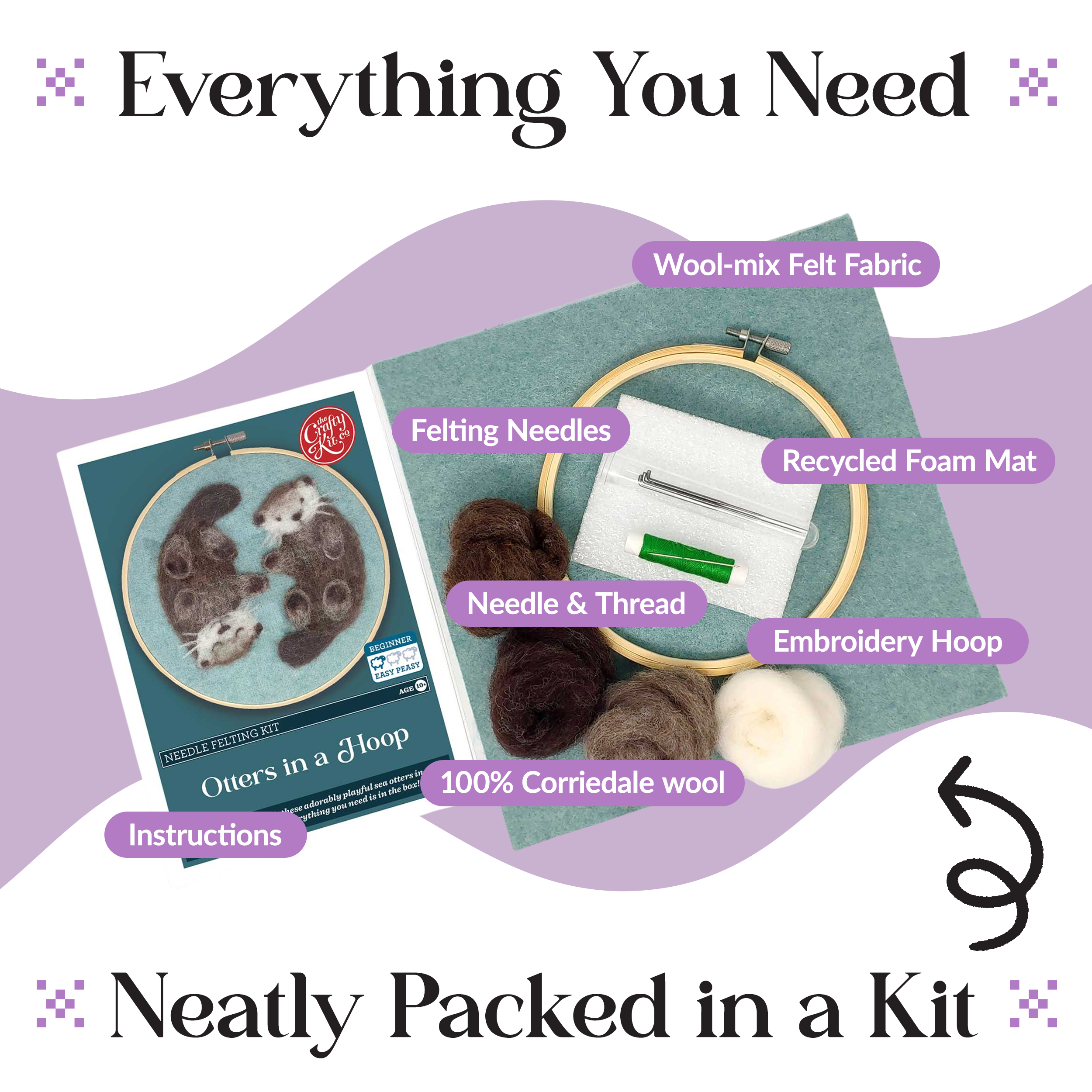 The Crafty Kit Company - Vente Kits de couture - Kit de création feutrage à l'aiguille « Loutres dans un tambour à broder »2
