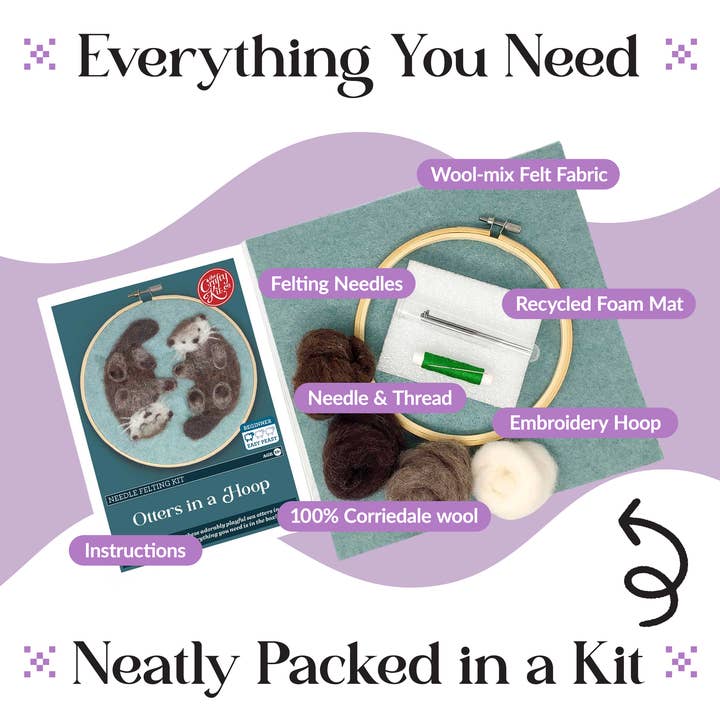 The Crafty Kit Company - Vente Kits de couture - Kit de création feutrage à l'aiguille « Loutres dans un tambour à broder »2