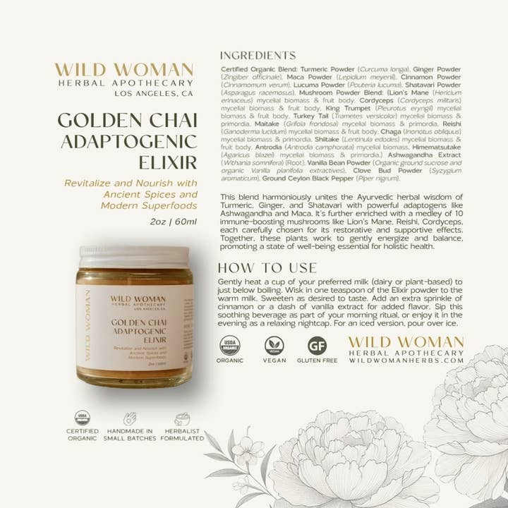 Wild Woman Herbal Apothecary - Wholesale Elixir - Golden Chai Adaptogenic Elixir | Ayurvedic Mushroom Blend6