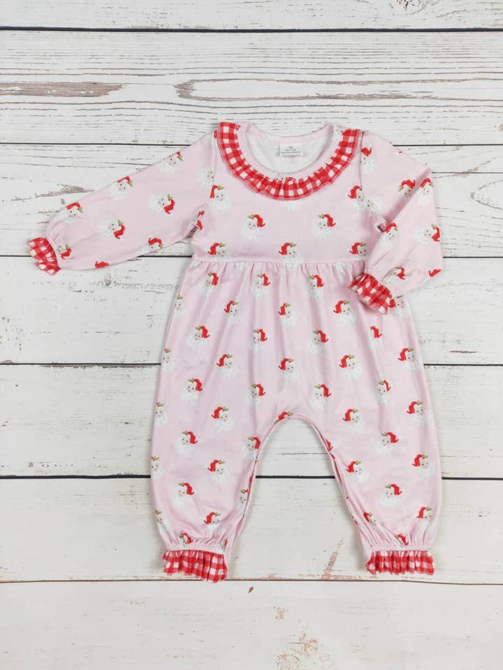 Baby Pink Christmas Romper With Santa Print for wholesale by sassy kids palace