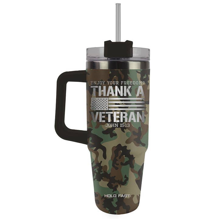 HOLD FAST 30 oz Stainless Steel Mug With Straw Thank A Veteran for wholesale by Kerusso