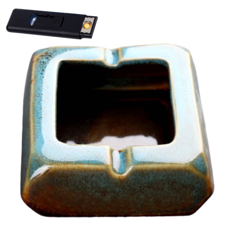 Square Glossy Ceramic Ashtray + Flameless Lighter (BLUISH) for wholesale by A&A Wonders