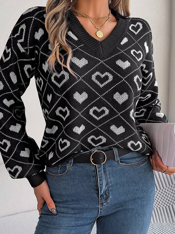 UNISHE - Wholesale Knit Sweater - Women's - V Neck Heart Knit Pullover Sweater BJS1028