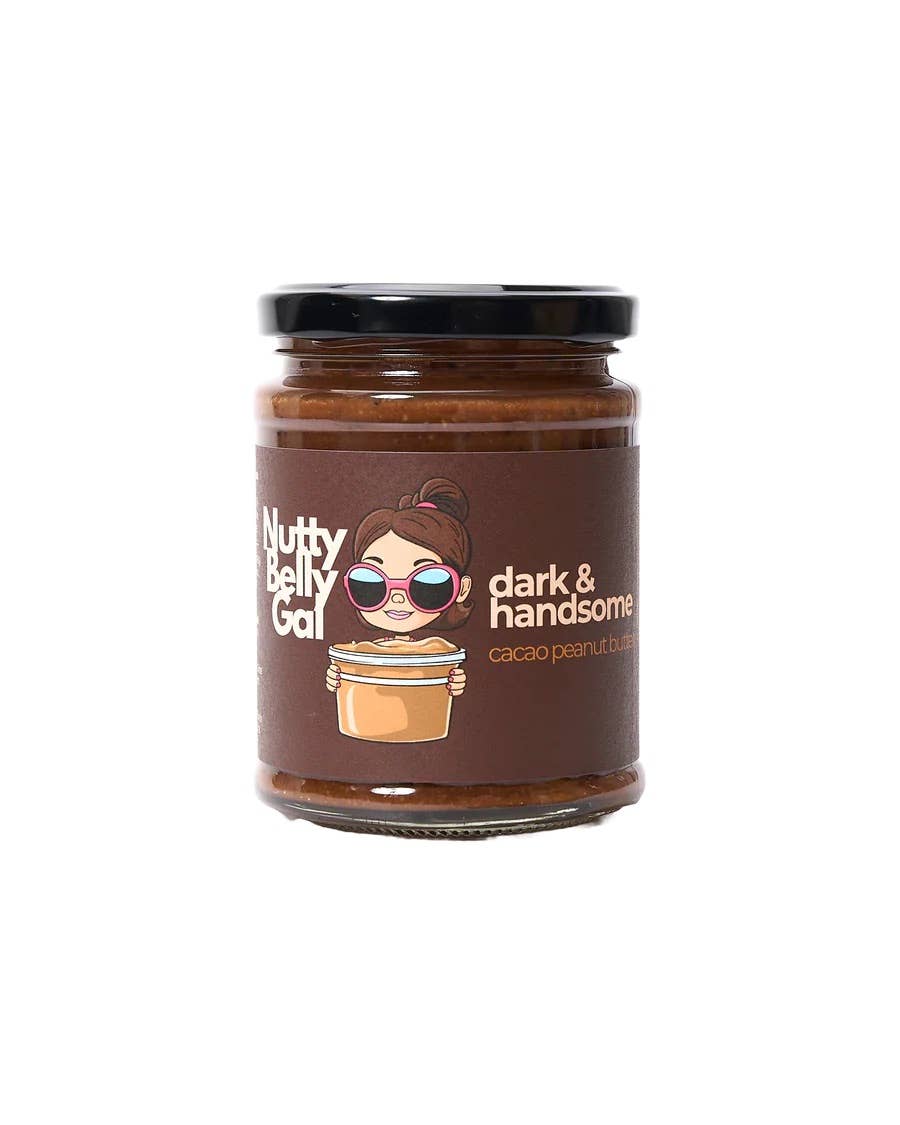 Nutty Belly Gal – wholesale Nut butter – Dark & Handsome: Dark Chocolate Peanut Butter + Cacao Nibs2