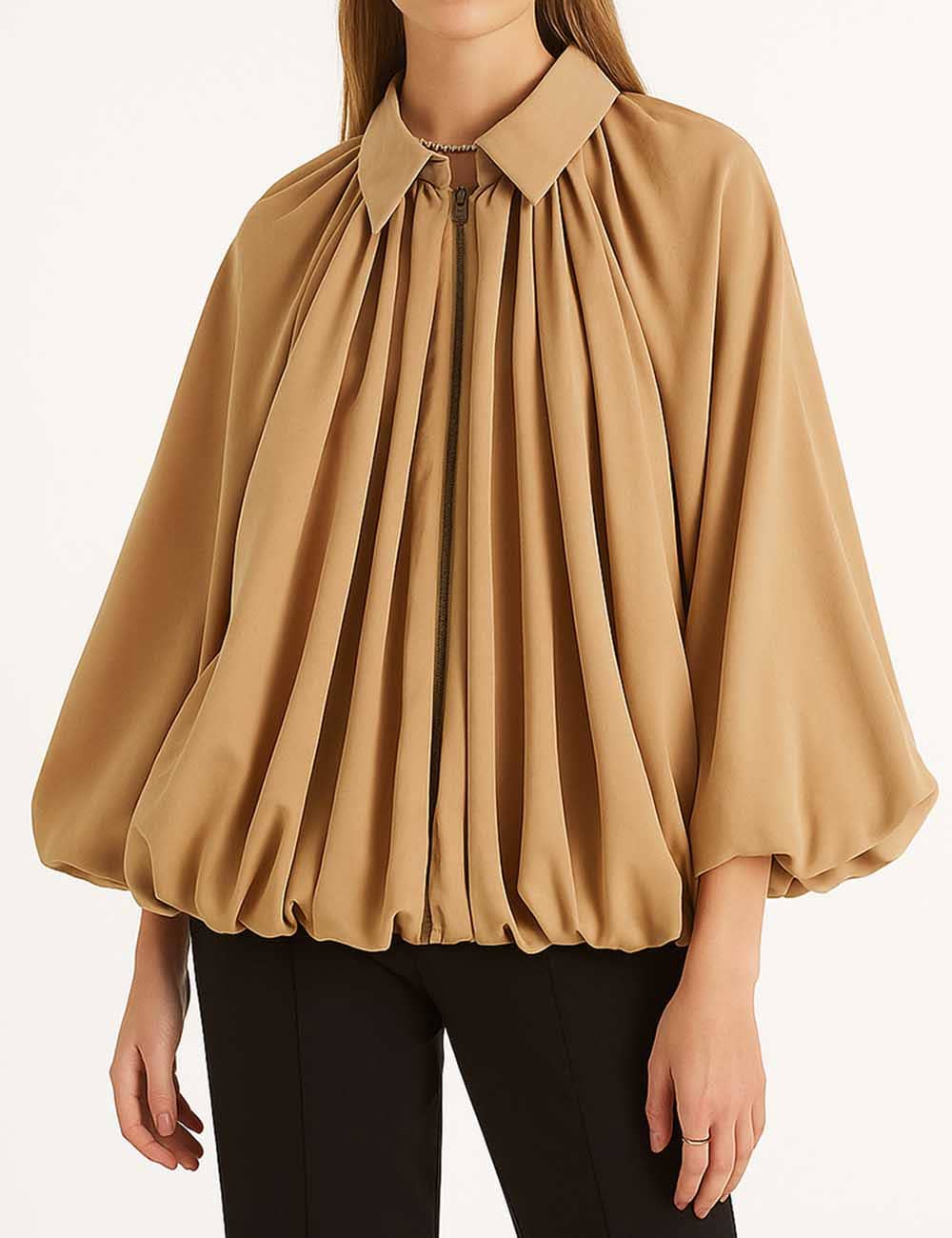 Sweetkama - Wholesale Jacket - Women's - Ladies Balloon Hem Bomber Jacket Zip Up Long Sleeves Coat6