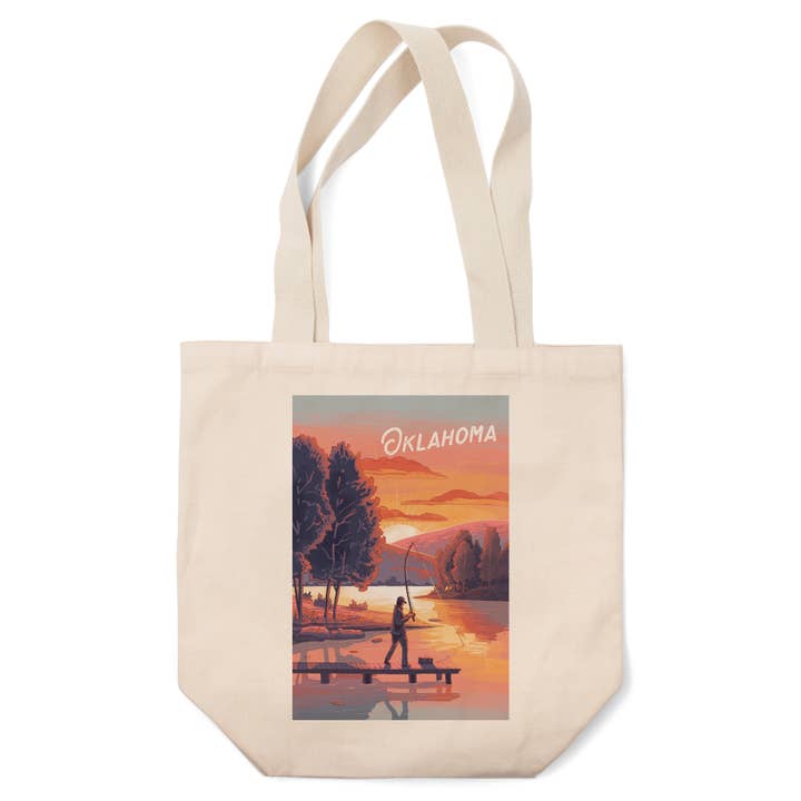 ORGANIC TOTE BAGS Oklahoma, Fishing with Hills for wholesale by Lantern Press