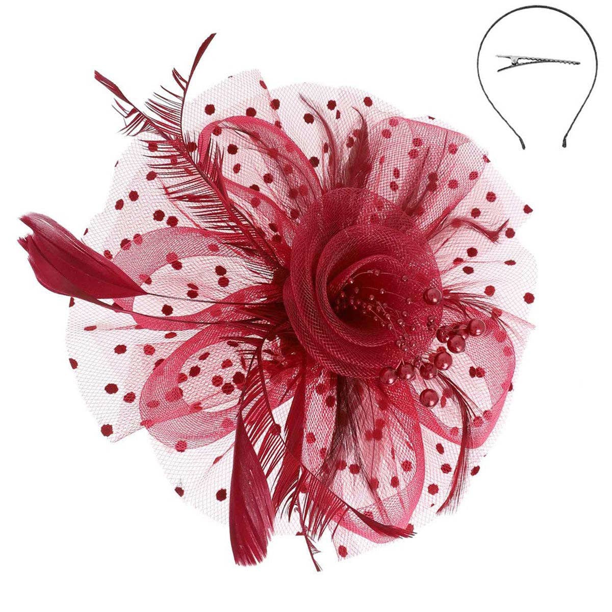 Burgundy Flower Feather Polka Dot Fascinator for wholesale on Faire5