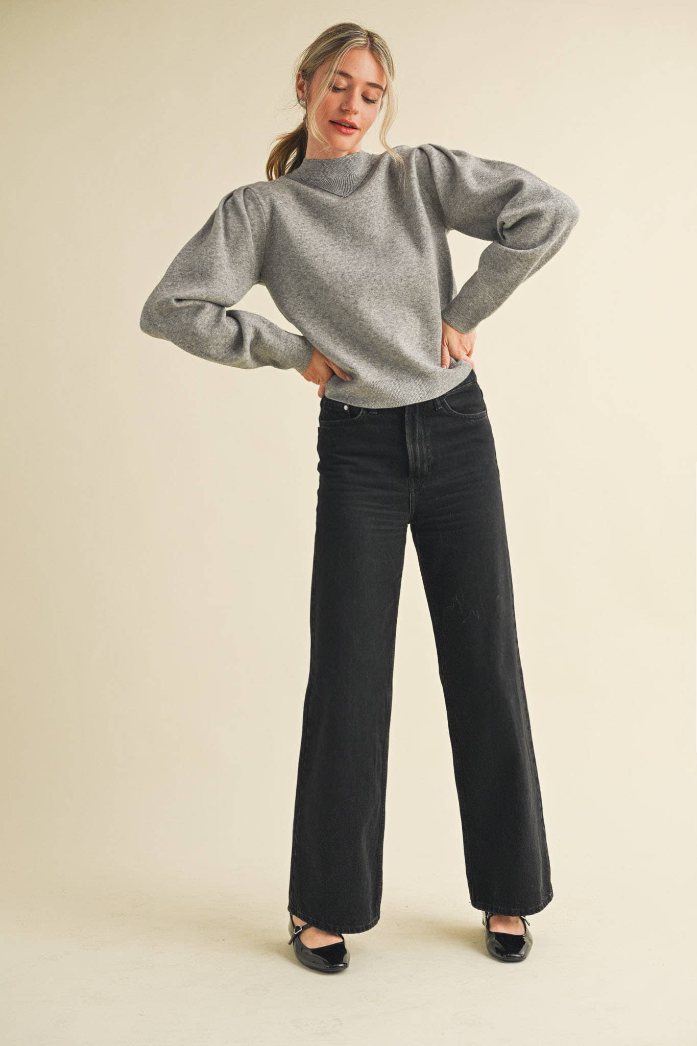 &MERCI - Wholesale Knit Sweater - Women's - MOCK NECK PUFF SLEEVE SWEATER MSW1103069