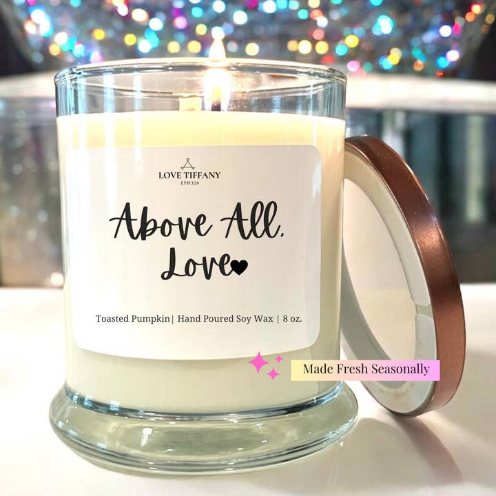 Above All, Love - Bourbon Glass Soy Candle with Metal Lid for wholesale by LOVE TIFFANY