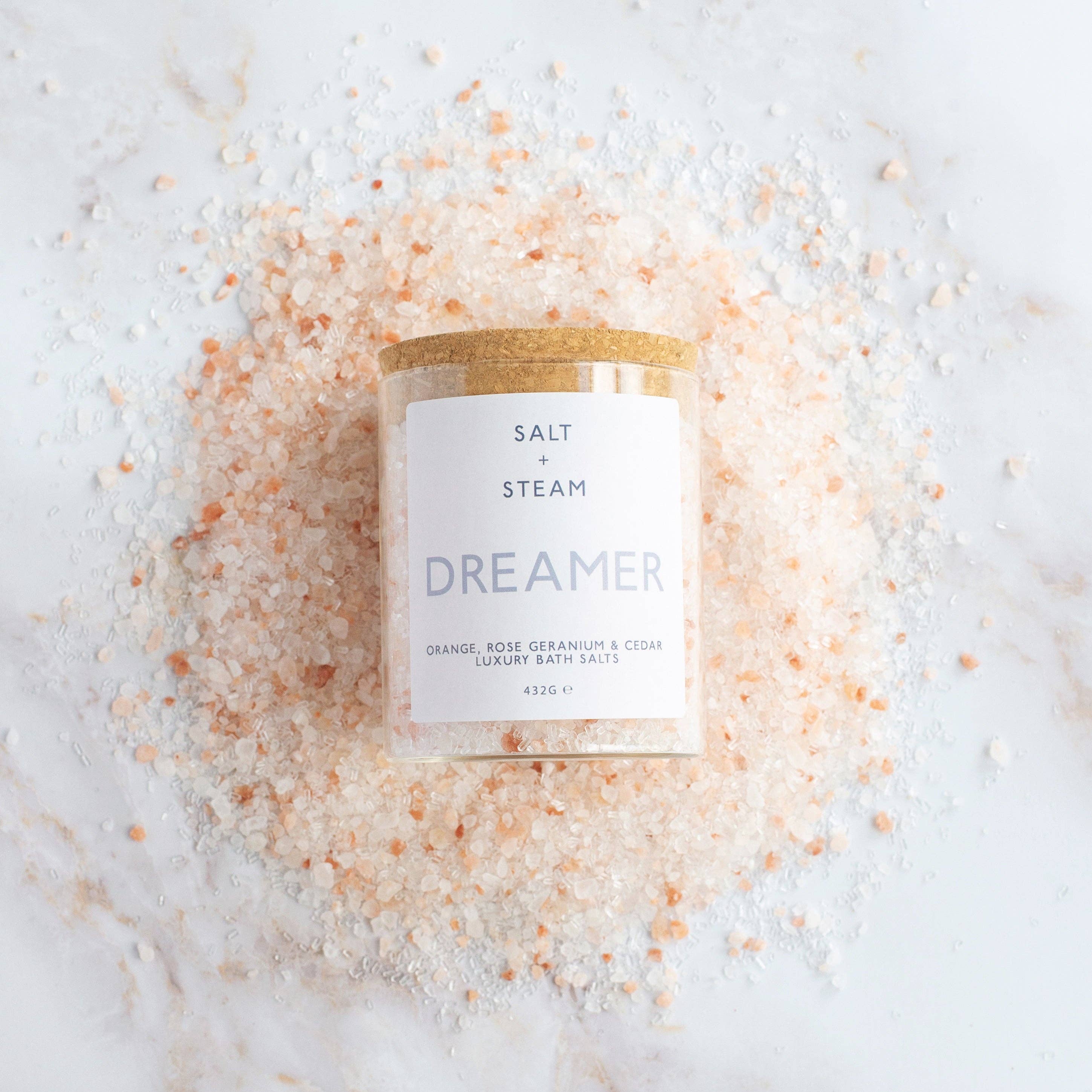 Salt + Steam – wholesale Bath salts – Dreamer - Rose Geranium & Cedar Bath Salts 80g & 432g0