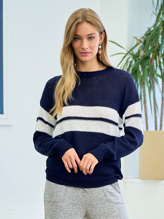 Doe and Rae - Wholesale Knit Sweater - Women's - Lightweight Knit Sweater With Big Stripe - 1602C