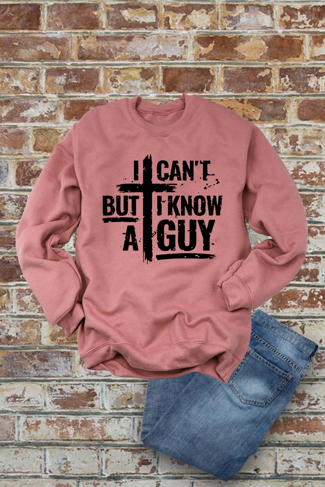 Top Avenue - Wholesale Graphic Sweatshirt - Women's - I Cant But I Know A Guy Distressed Cross, Unisex Crewneck Sweatshirt7