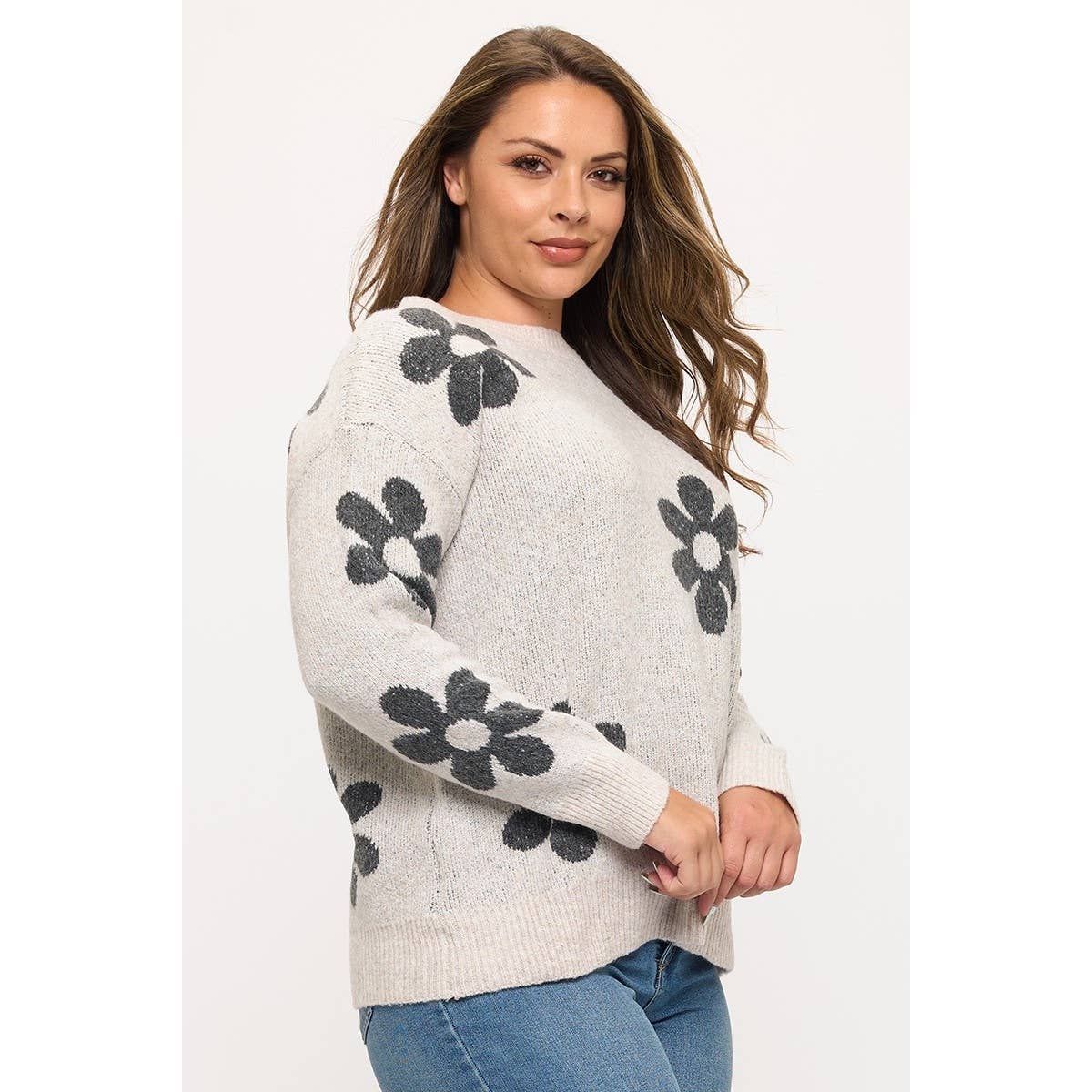 Curve Market - Wholesale Knit Sweater - Women's - PLUS SIZE FLORAL PATTERN CREWNECK SWEATER TOP1