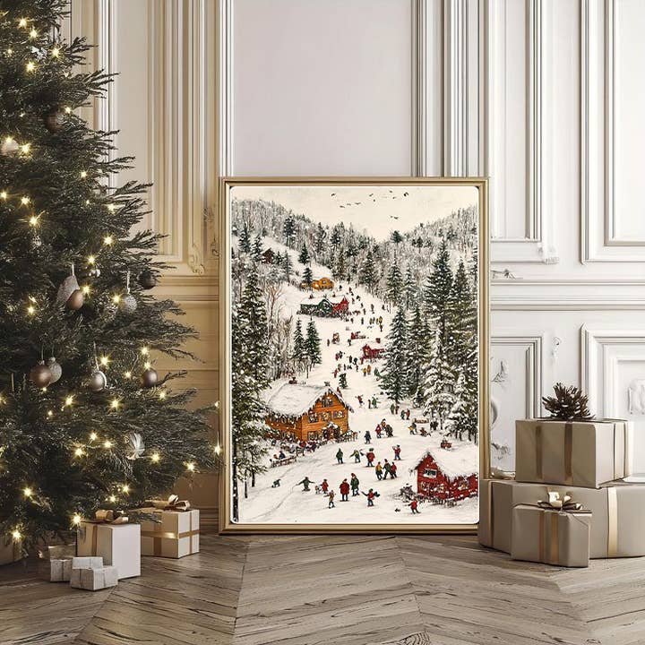DTF Office - Wholesale Christmas Wall Art - Snowy Ski Village Canvas Art:Festive Winter Cabin Wall Decor1
