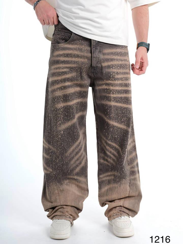 Mens Brown Washed Wide Leg Denim Jeans 0225C1216 for wholesale by Monocloth