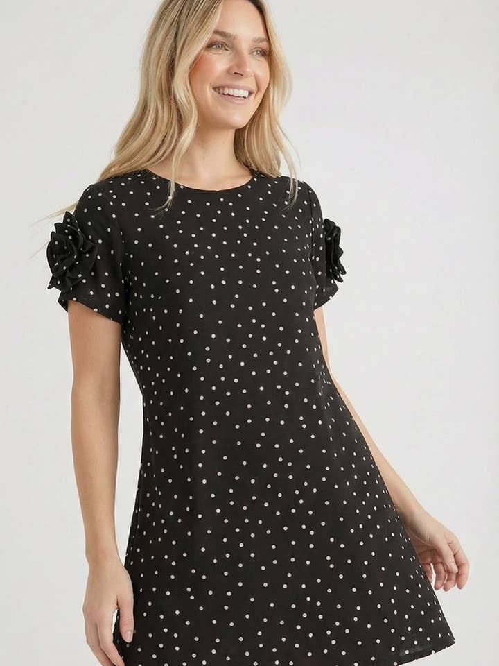 FLOWER PATCH SLEEVE POLKA DOT DRESS for wholesale by Kori America