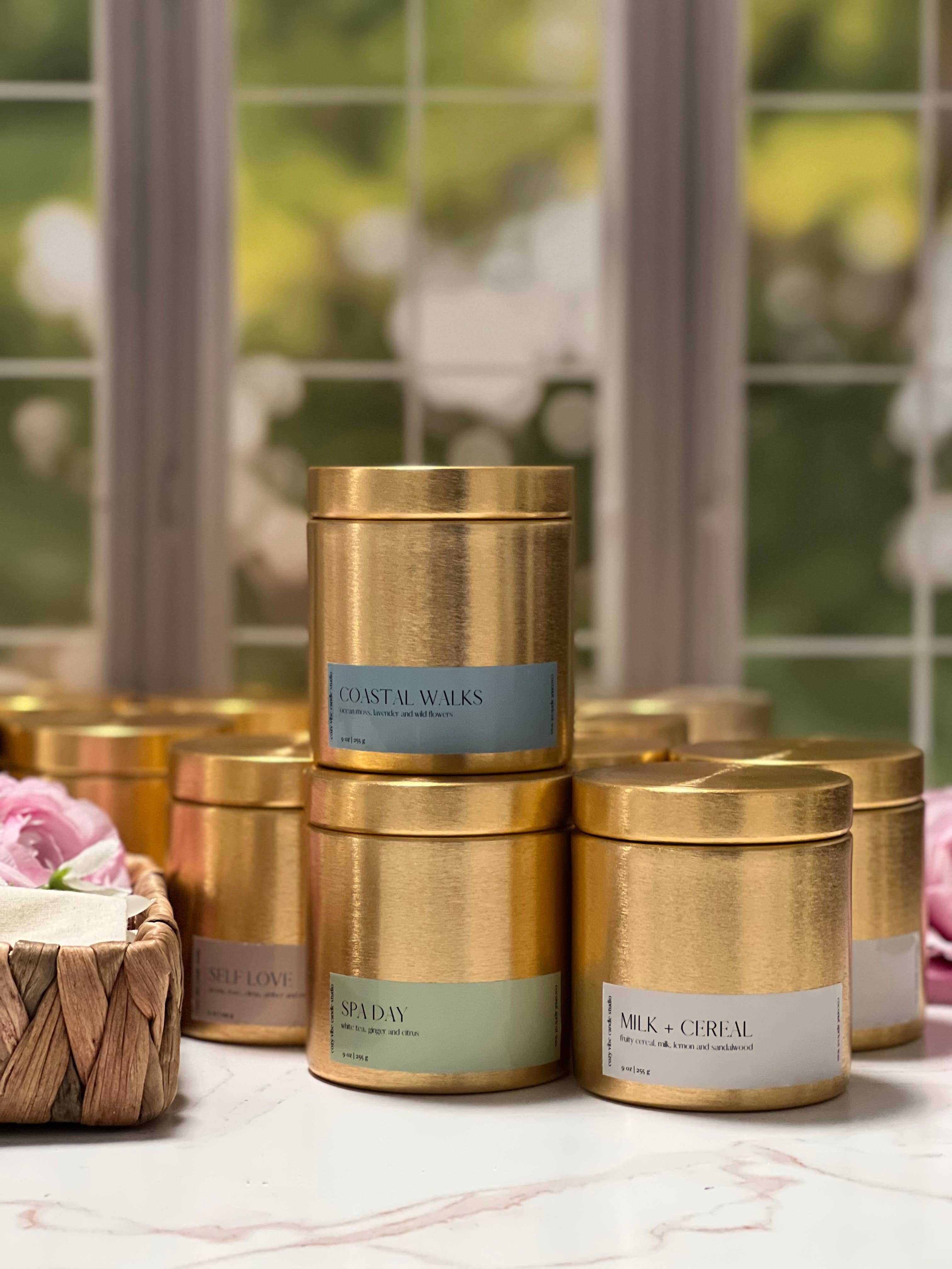 Cozyvibecandlestudio - Wholesale Travel Candles - 9oz Gold Wood Wick Candle Tin | Coconut Apricot Wax Candle