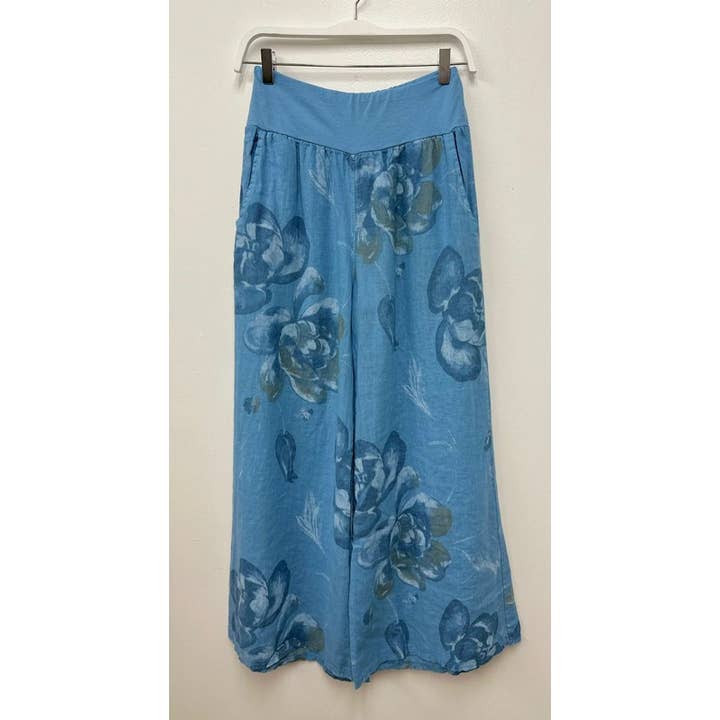 PANSY FLORAL PRINT WIDE LEG LINEN PANTS-(8730-PANSY-SKY BLU) for wholesale by VENTI6