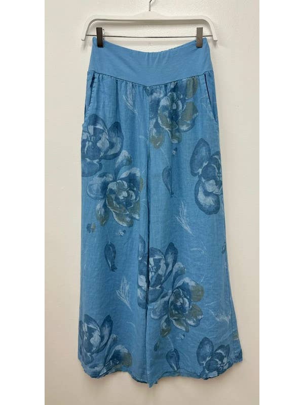 VENTI6 - Wholesale Pants - Women's - PANSY FLORAL PRINT WIDE LEG LINEN PANTS-(8730-PANSY-SKY BLU)