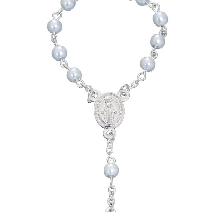 Lot of 12 pcs - Mini Finger Decade Rosary Favors with Metal Crucifix, Blue Simulated Pearl Beads for wholesale by Catholica Shop