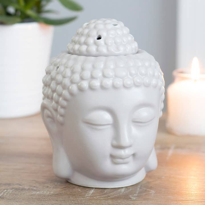 Quemador de aceite y calentador de cera pequeño con cabeza de Buda gris para venta al por mayor de Something Different Wholesale