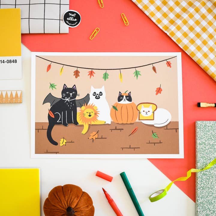 Feline Spooky – A4 Heavyweight Art Print for wholesale by Nat Ellis Illustration