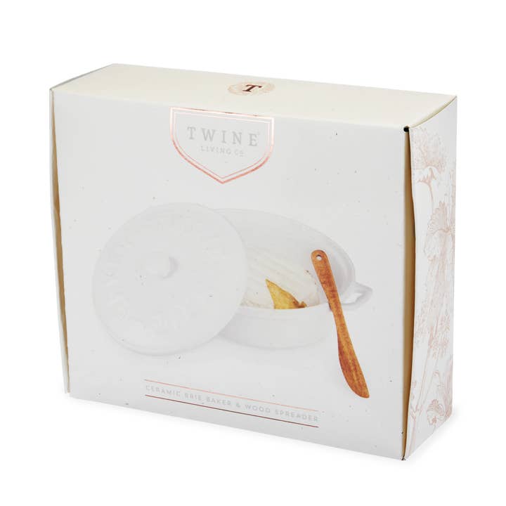 Twine - Wholesale Baking Dish - White Ceramic Brie Baker & Lid w/ Acacia Spreader