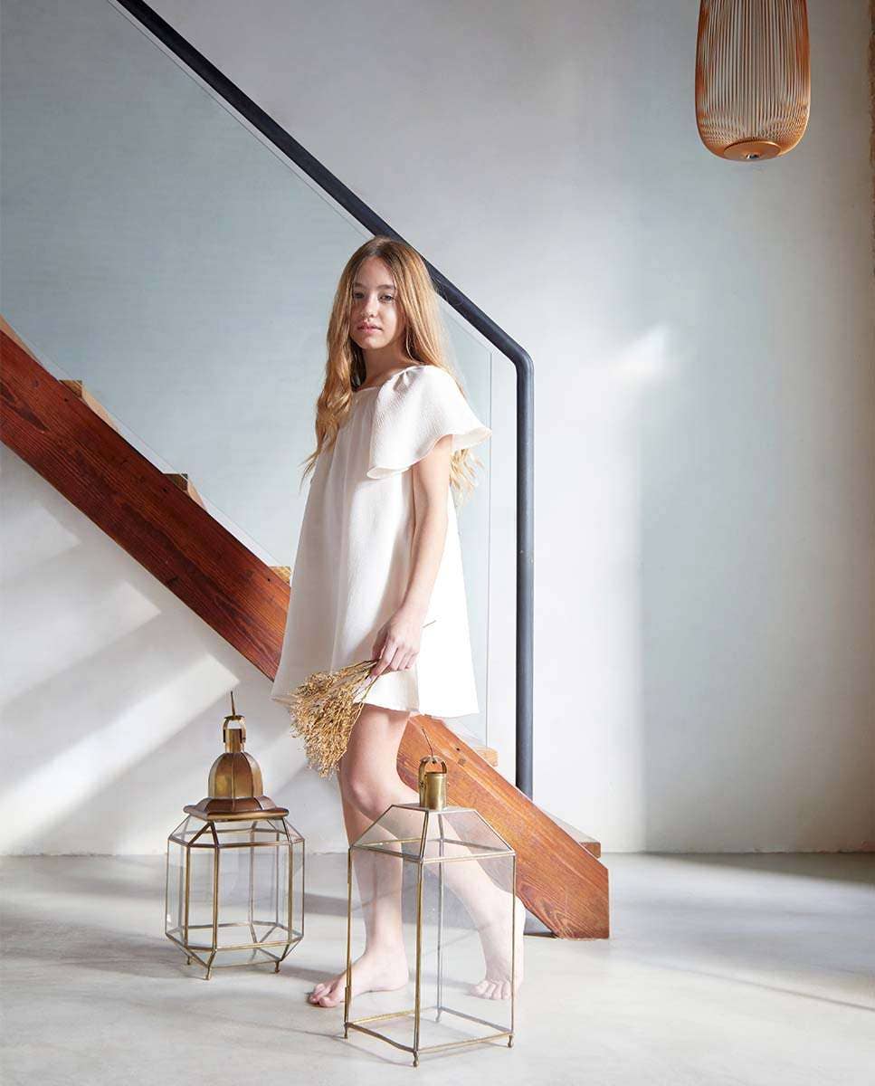 Beige Chiffon Girl's Dress with Short Flared Sleeves for wholesale on Faire0