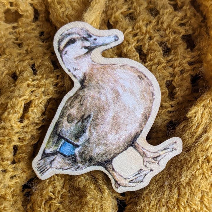 Female Mallard Duck Wooden Pin Badge for wholesale by Hodgepodge