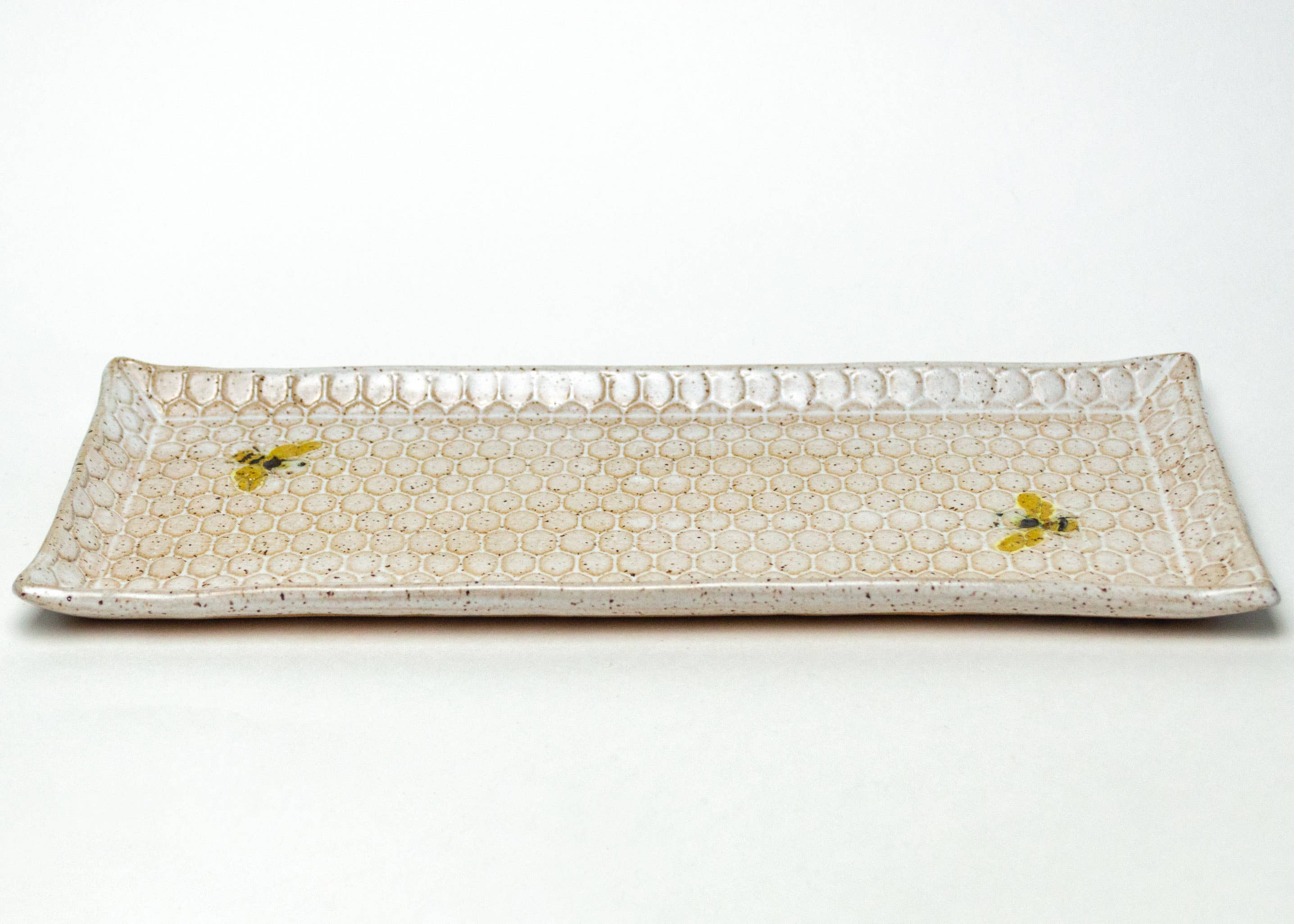 White Squirrel Clayworks - Wholesale Platter - Bee Pattern 12" Handmade Ceramic White Platter1