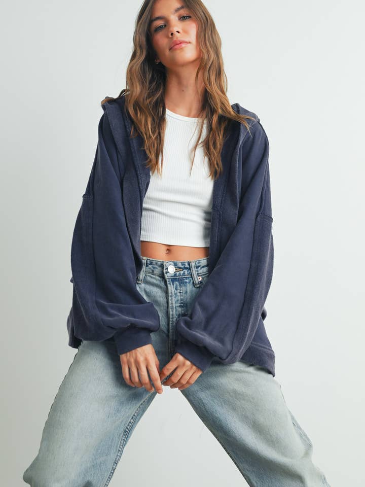 BUTTERMELON - Wholesale Cardigan - Women's - FALL WASHED FRENCH TERRY HOODED CARDIGAN POCKETS - BMC7513