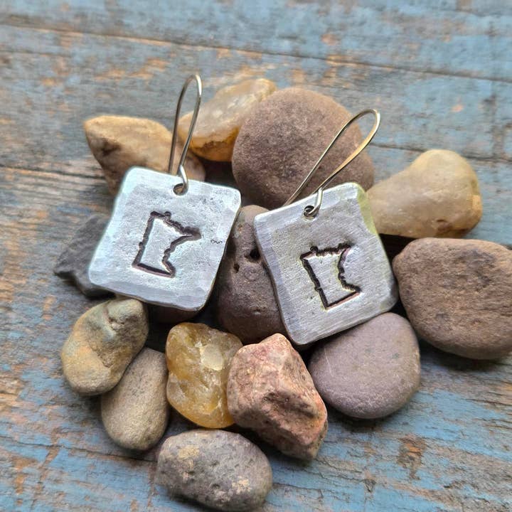 Minnesota State Earrings, Hand-Stamped Pewter for wholesale by Kathryn's Collection